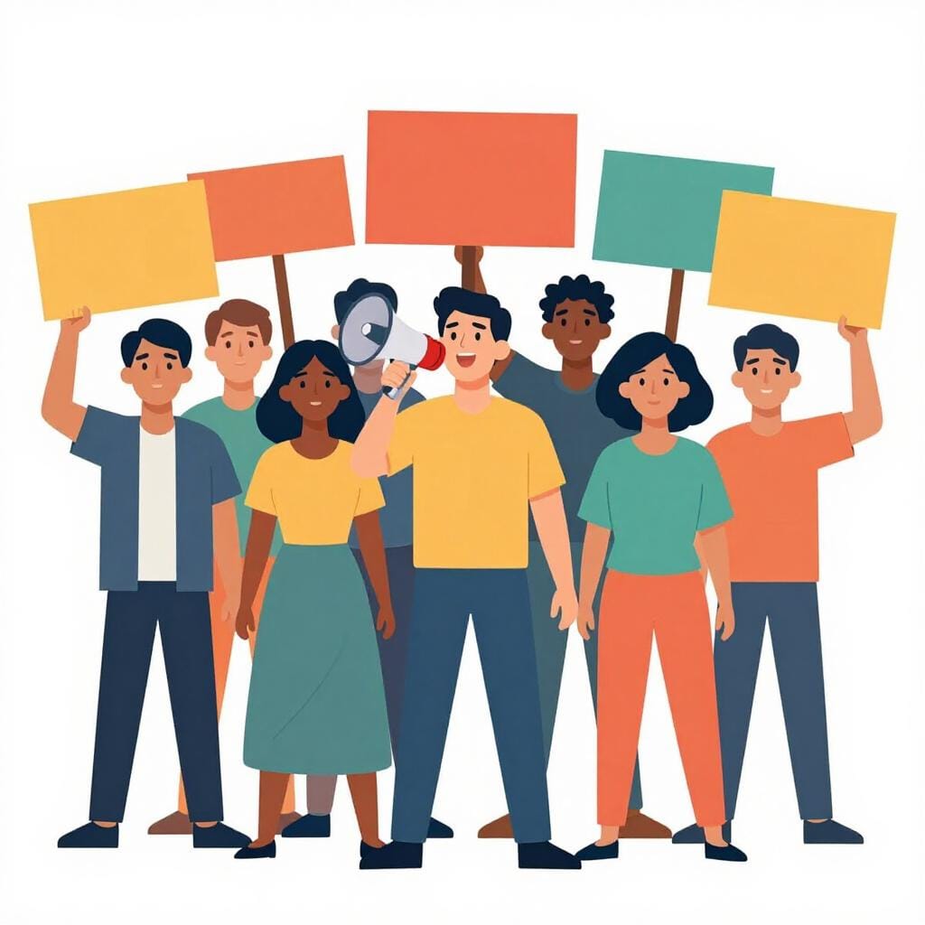 A group of people standing together holding blank colorful placards and megaphones.