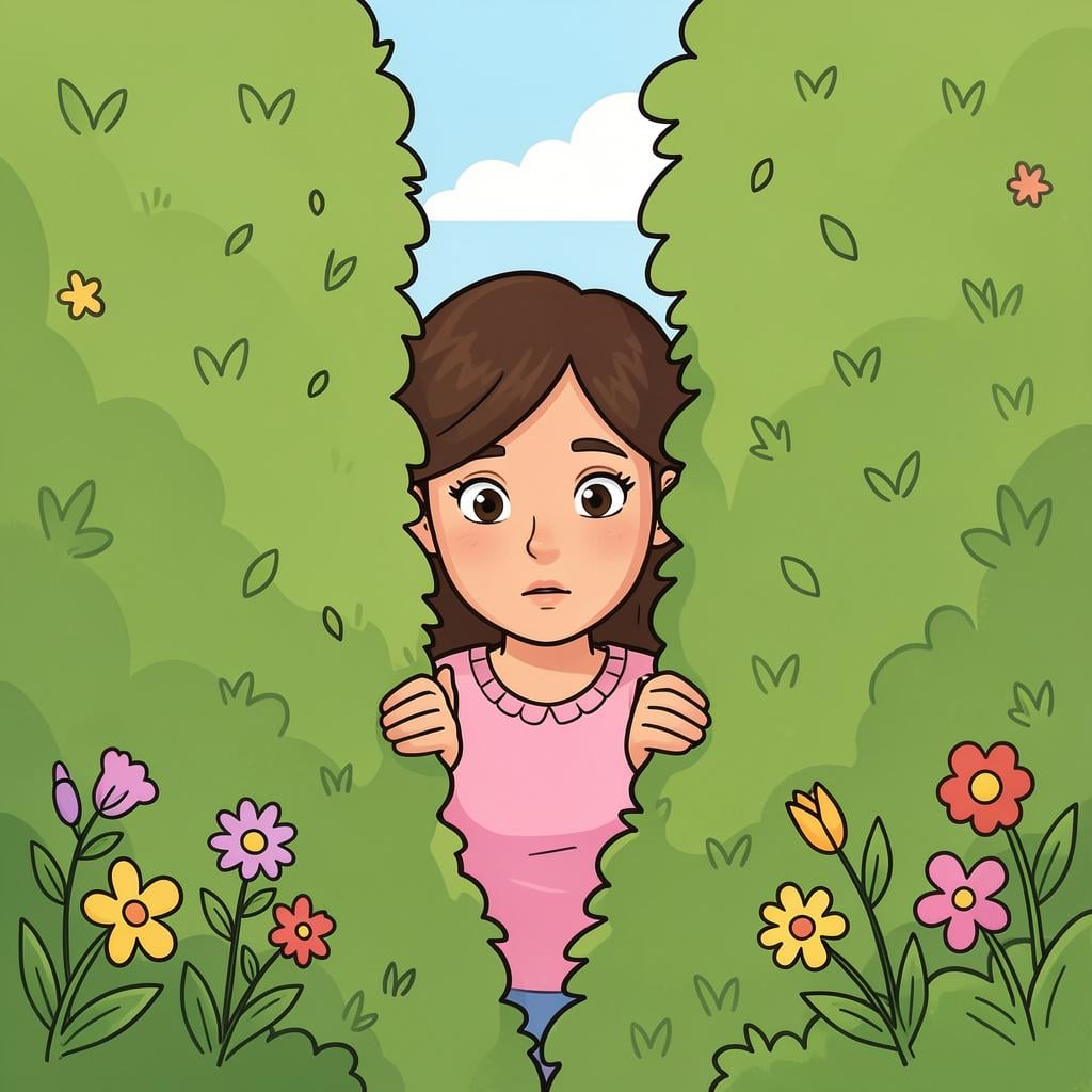 A woman peeking through a gap in a tall green hedge with a curious expression.