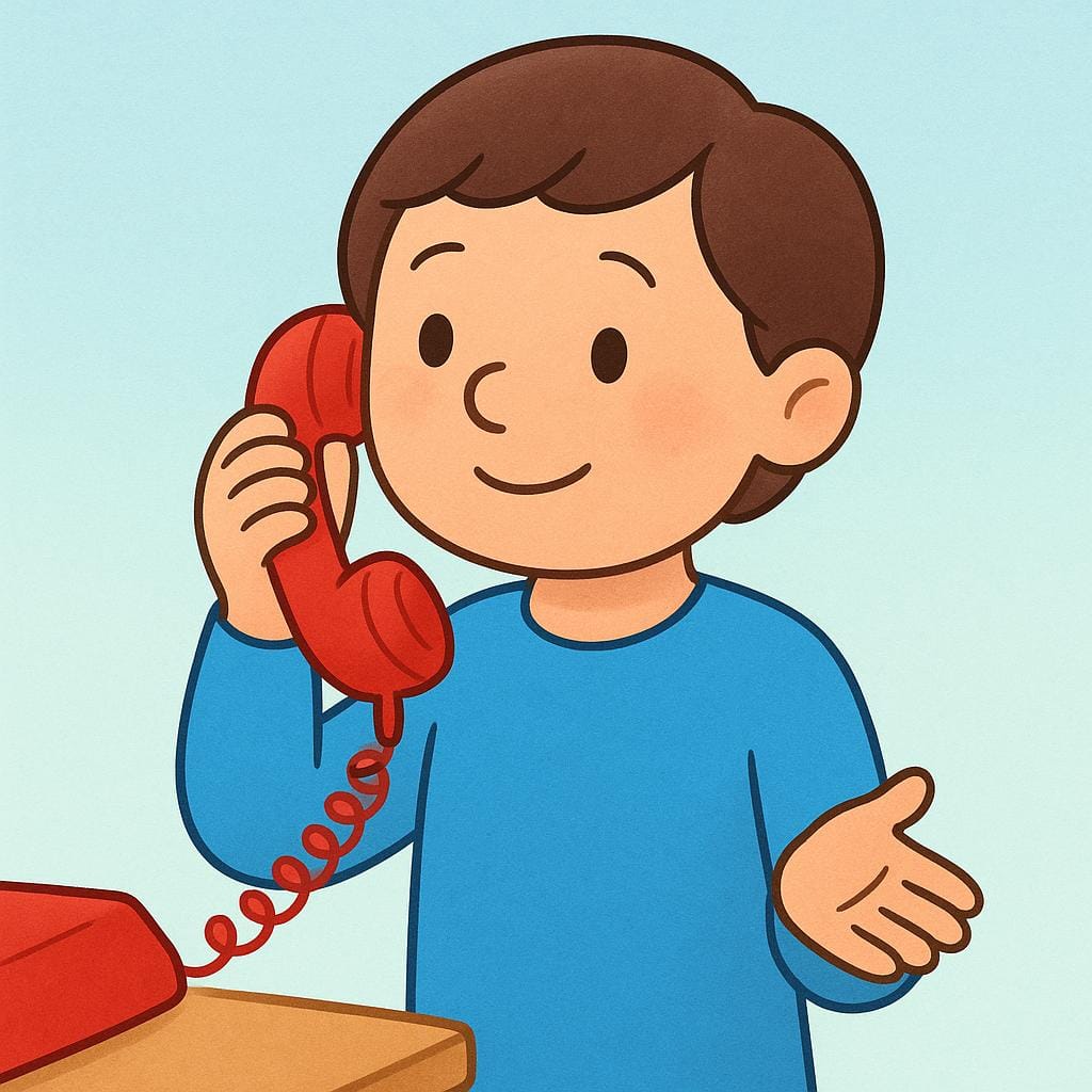 A cartoon person holding a simple red vintage telephone receiver to their ear, illustrating the action of calling someone.