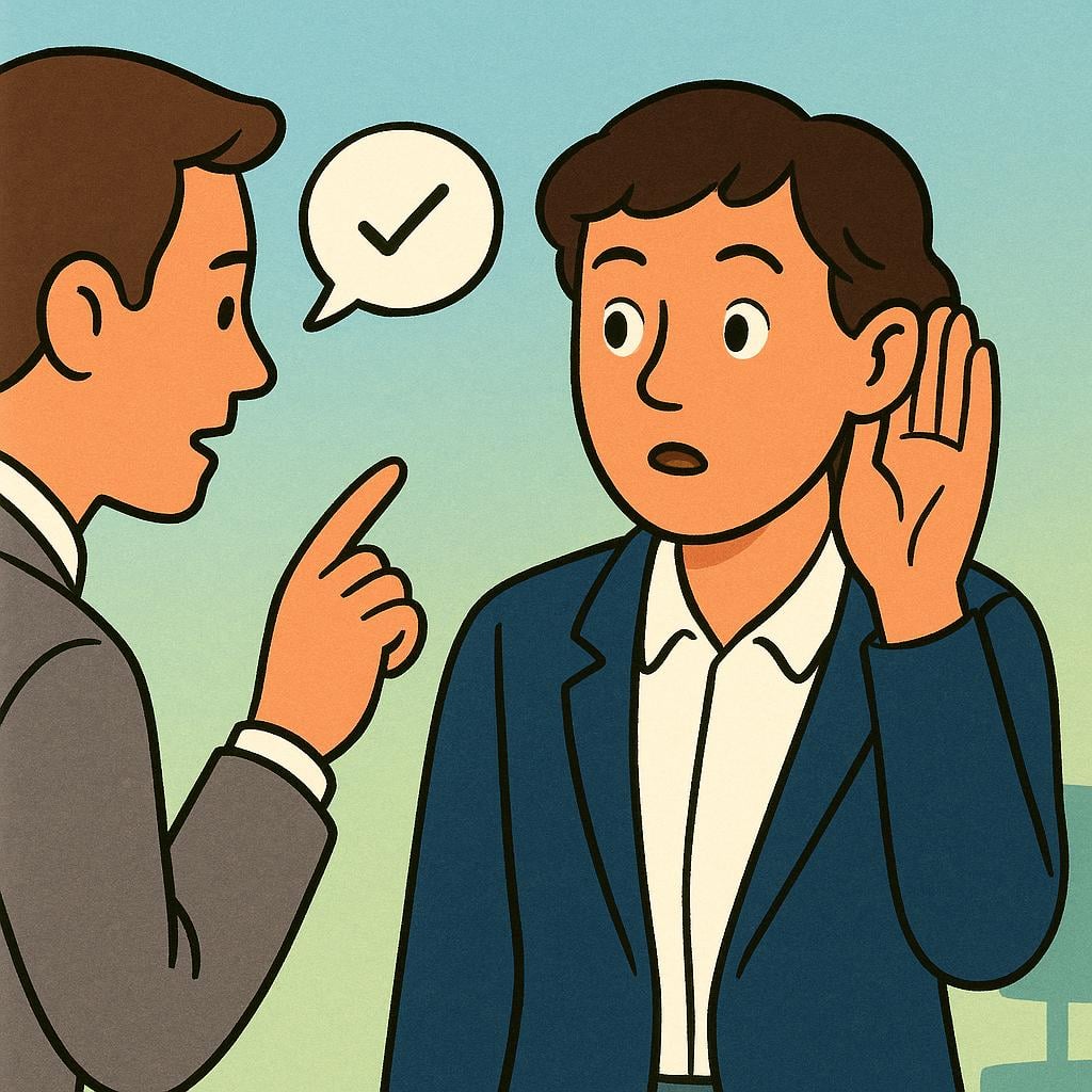 A formally dressed elderly person is cupping their hand behind their ear, leaning forward intently, indicating they are being commanded to listen carefully to a speaker.