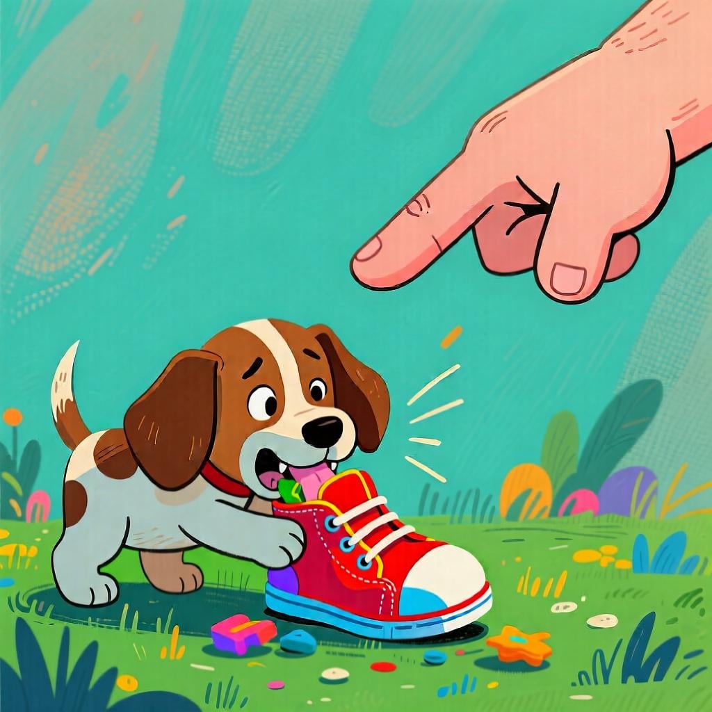 A large, firm hand pointing down decisively at a small puppy that is actively chewing on a leather shoe, commanding it to stop.