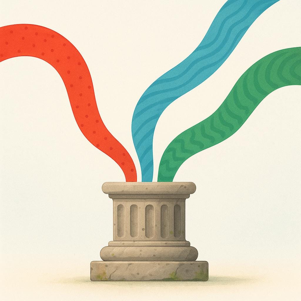 A simplified illustration showing a central, ancient stone column base with three distinct, colorful flowing lines emanating from it, representing the derivation of Romance languages from a common ancestor.