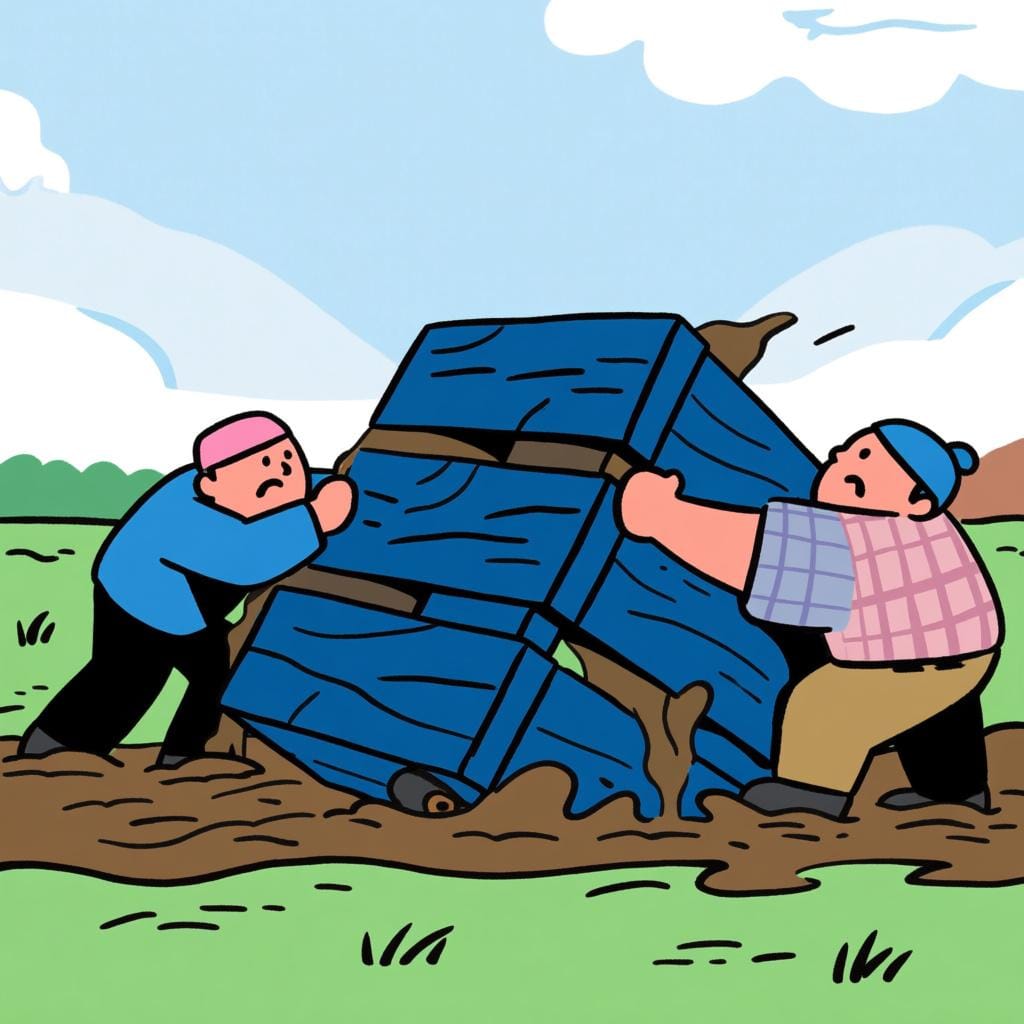 Two figures straining and pushing a large, heavy wooden cart stuck in the mud, illustrating maximum effort and an attempt.