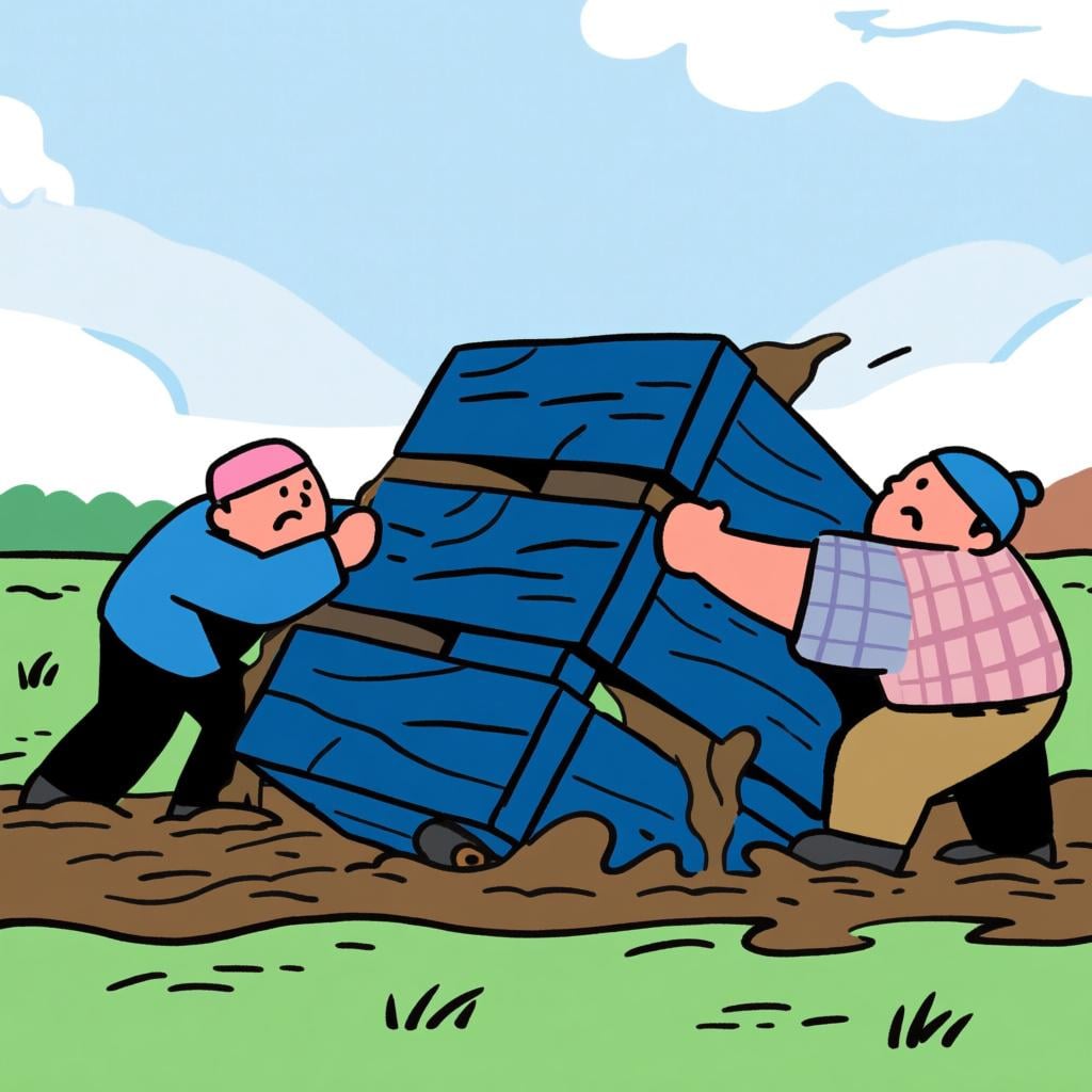 Two figures straining and pushing a large, heavy wooden cart stuck in the mud, illustrating maximum effort and an attempt.