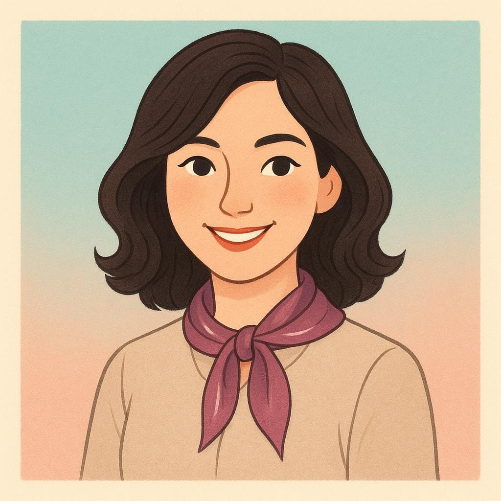 Un ritratto stilizzato di una donna con i capelli scuri che indossa una camicetta elegante e una semplice sciarpa, che rappresenta una donna francese.