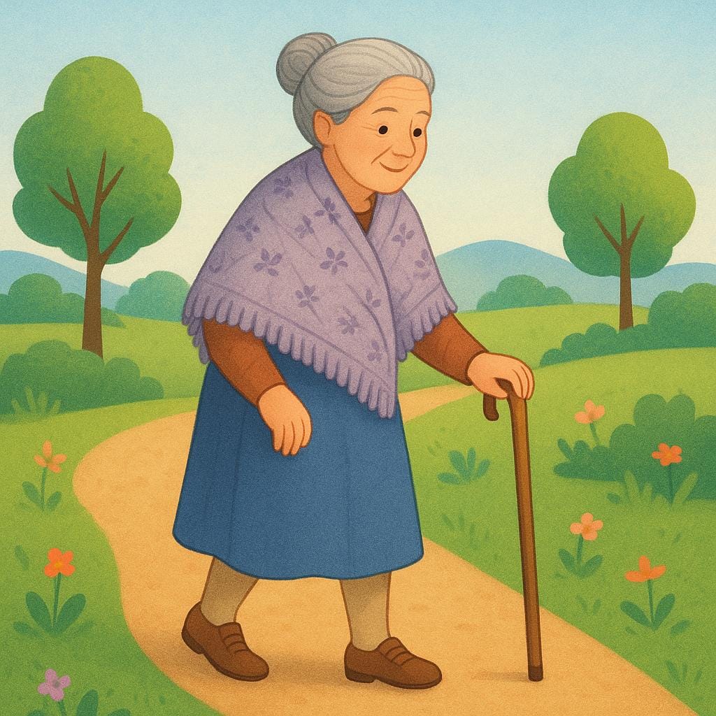 An elderly woman slowly walking down a sunny path, leaning heavily on a wooden cane.