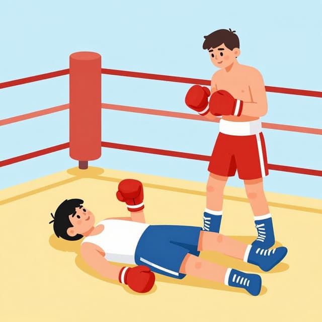 A boxer lying on the canvas of a boxing ring while another boxer stands in the corner.