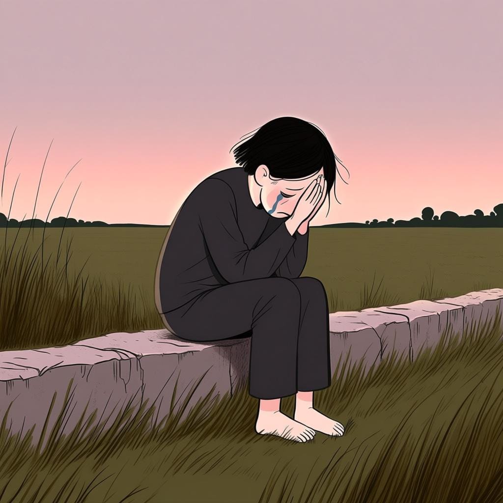 A small, lonely figure sitting on a stone bench in a dimly lit, quiet setting, hunched over with their face hidden in their hands, clearly expressing deep sorrow or lamentation.