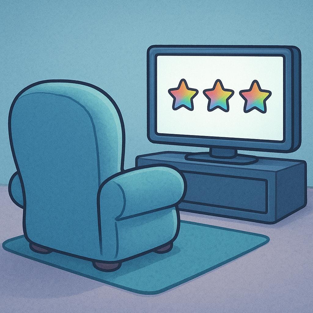 A cozy living room scene with a large television screen displaying a sequence of small, identical star icons, representing a TV series.