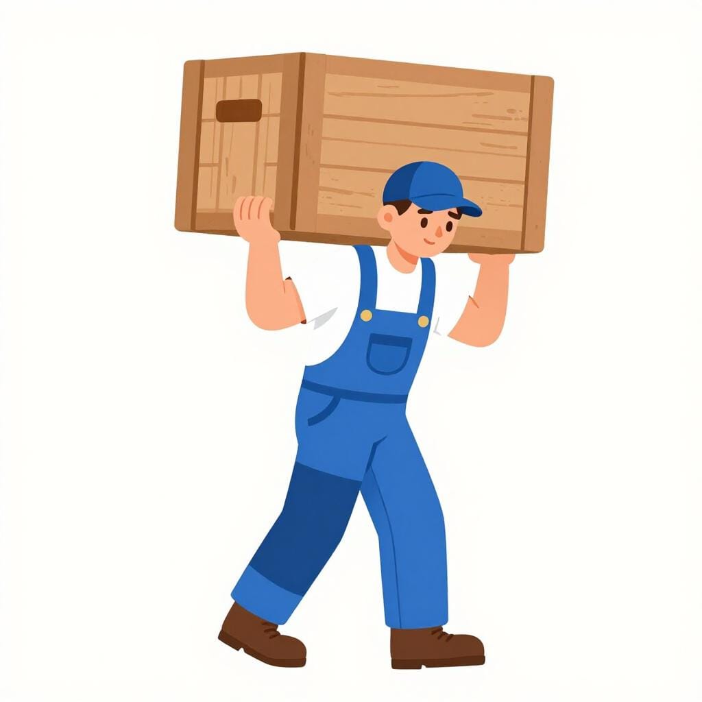 Een persoon in overall die een grote houten kist draagt.