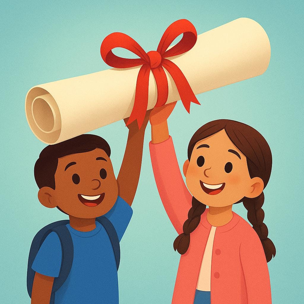 Two cheerful students standing side-by-side, holding up a large, official-looking rolled-up document tied with a ribbon, symbolizing a successful permit or good grade.