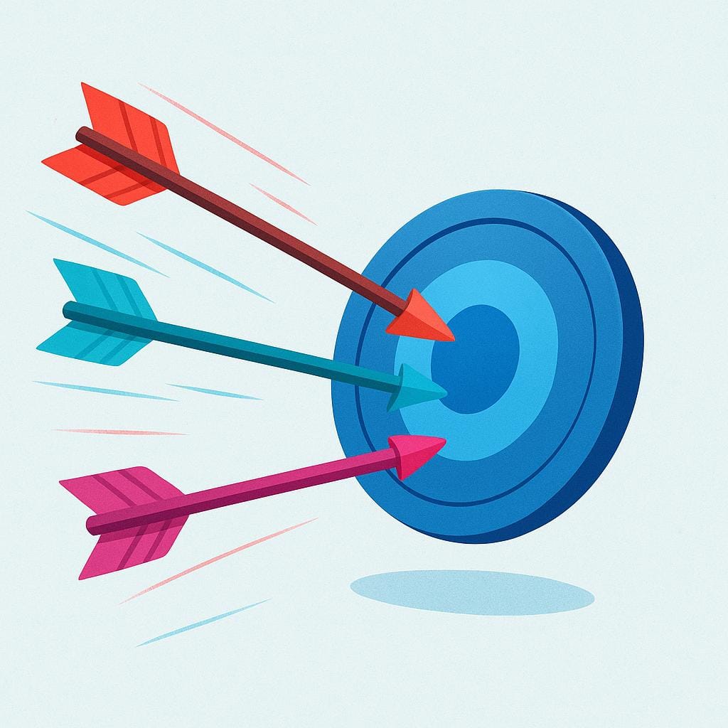 A high quality storybook illustration showing three distinct, brightly colored, stylized arrows flying rapidly towards a single, stationary, blue target shield.