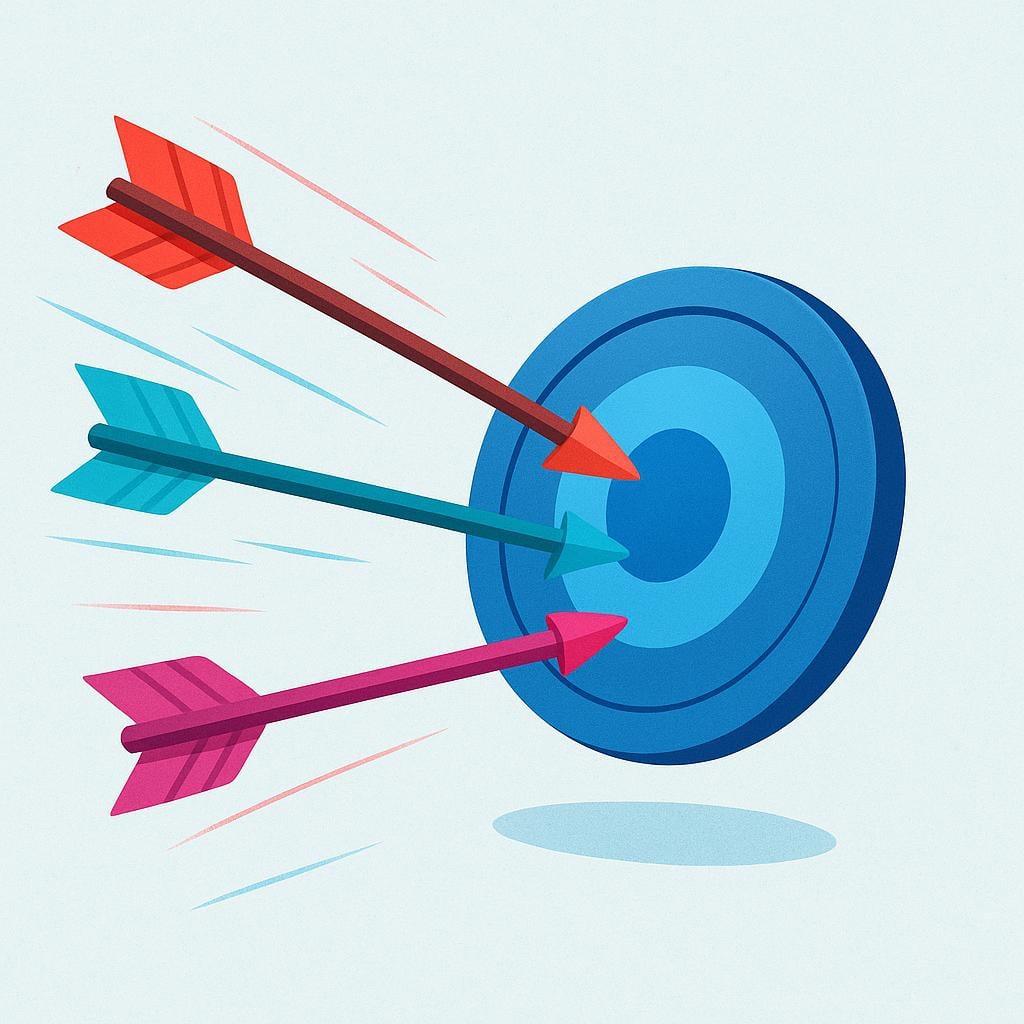 A high quality storybook illustration showing three distinct, brightly colored, stylized arrows flying rapidly towards a single, stationary, blue target shield.