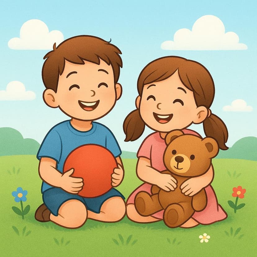 A simple illustration of a boy holding a bright red ball and a girl hugging a large brown teddy bear, symbolizing that 'they had' those items.