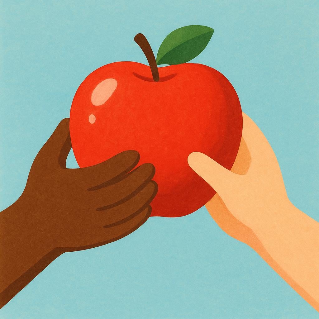 Two hands, one light-skinned and one darker-skinned, gripping the same red apple, symbolizing a joint or shared action.