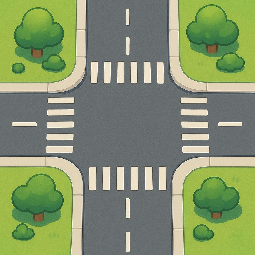 A simple aerial depiction of two asphalt roads crossing each other perpendicularly, forming a clear four-way intersection.
