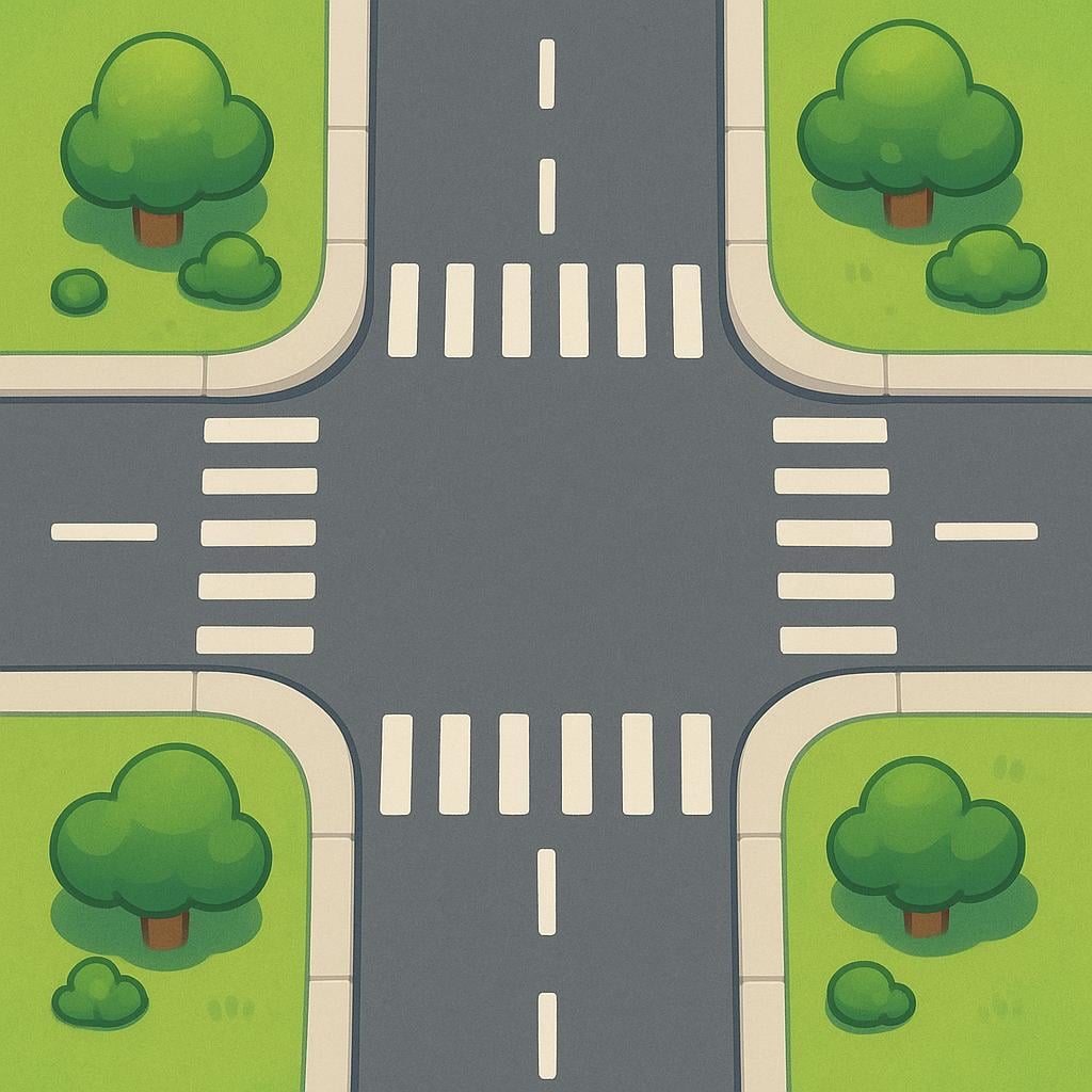 A simple aerial depiction of two asphalt roads crossing each other perpendicularly, forming a clear four-way intersection.