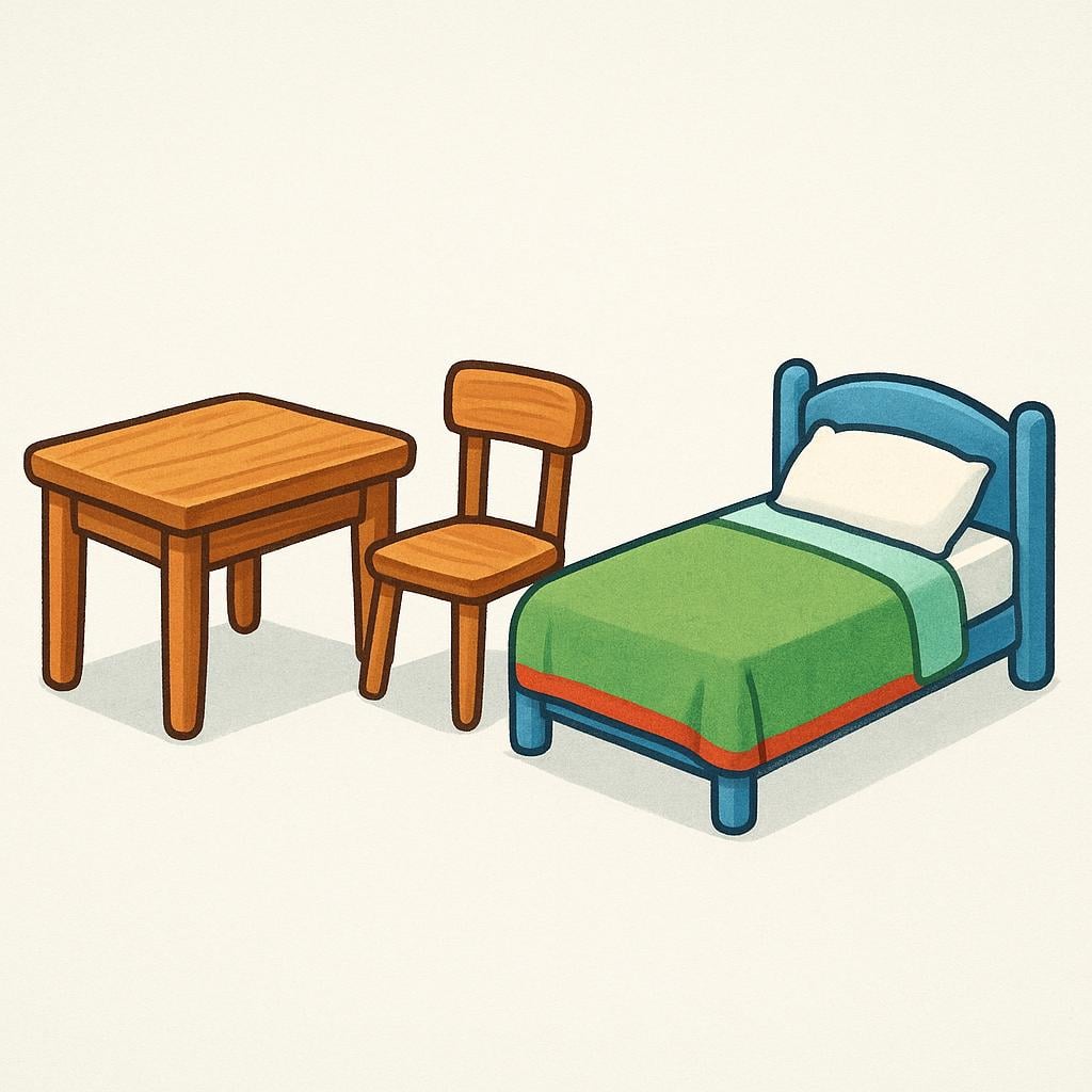 A minimalist illustration showing three common pieces of household furniture: a wooden table, a simple chair, and a small bed.