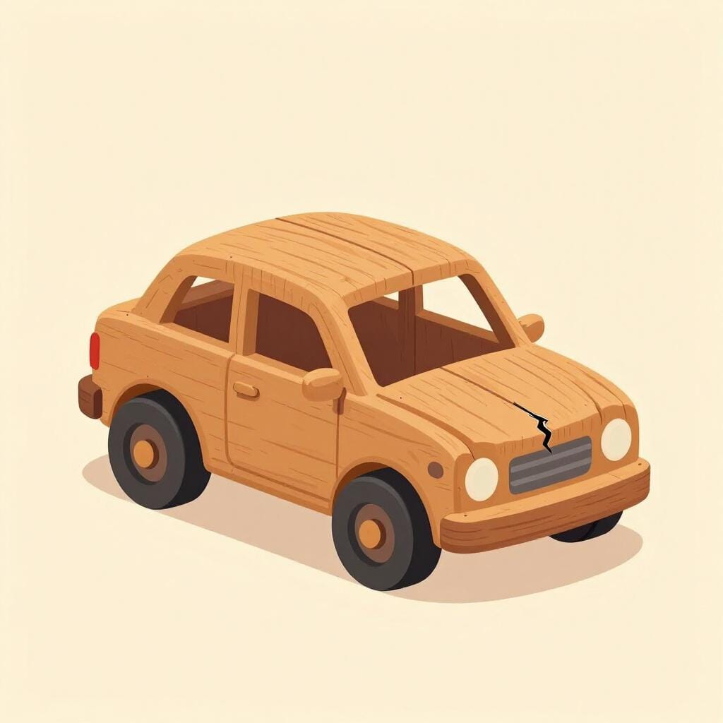 A broken, dirty, and worn-out wooden toy car with a missing wheel.