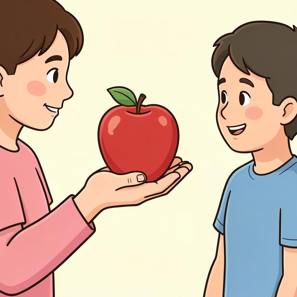 A person holding up a bright red apple to show it to another person.
