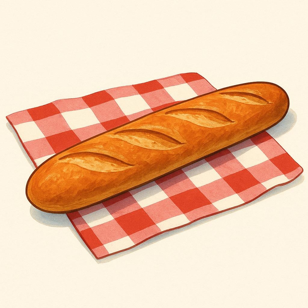 A single, long, golden-brown French baguette resting on a simple red and white checkered cloth.
