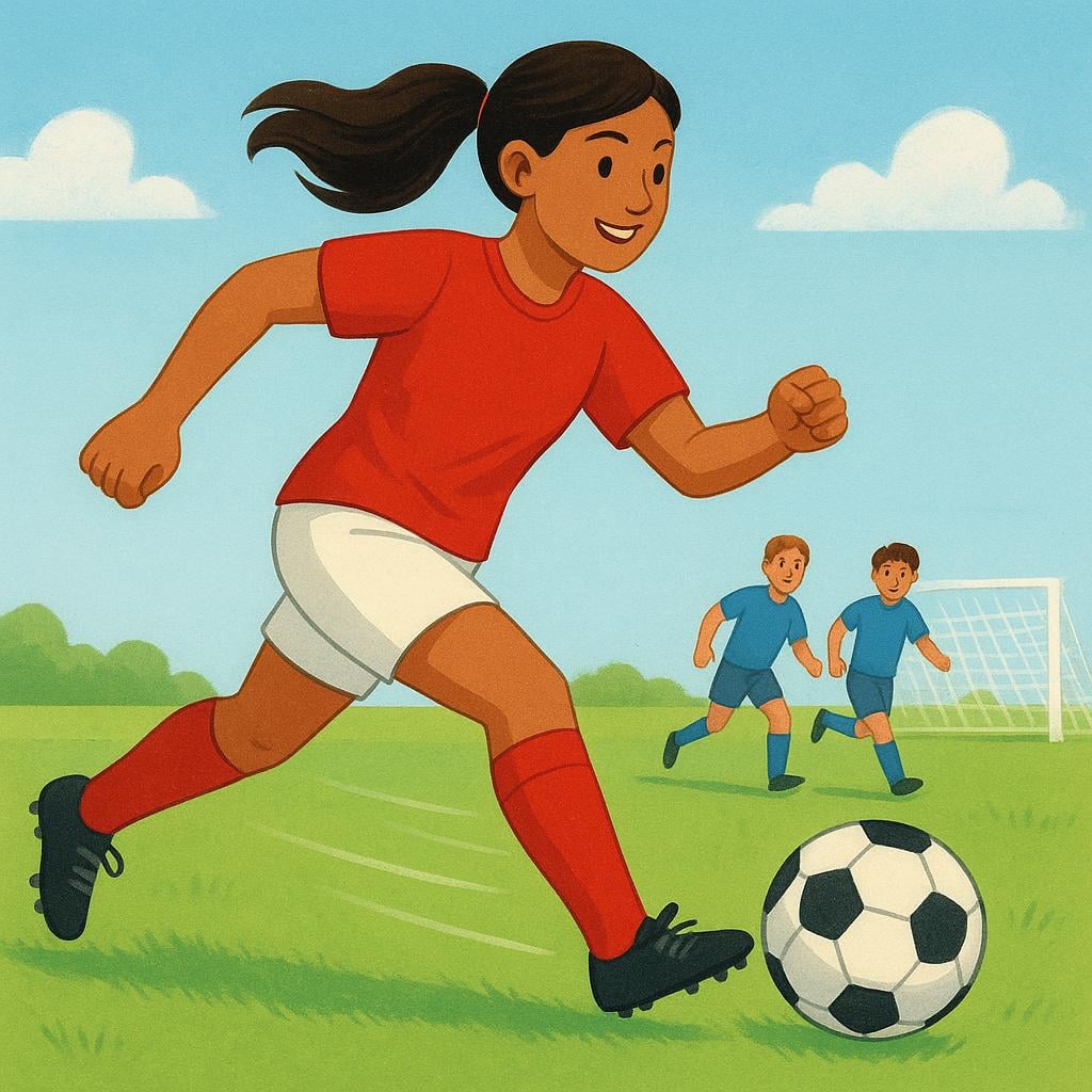 A simplified illustration of a female soccer player wearing a red jersey, dribbling a soccer ball powerfully across a green field toward the opponent's goal.