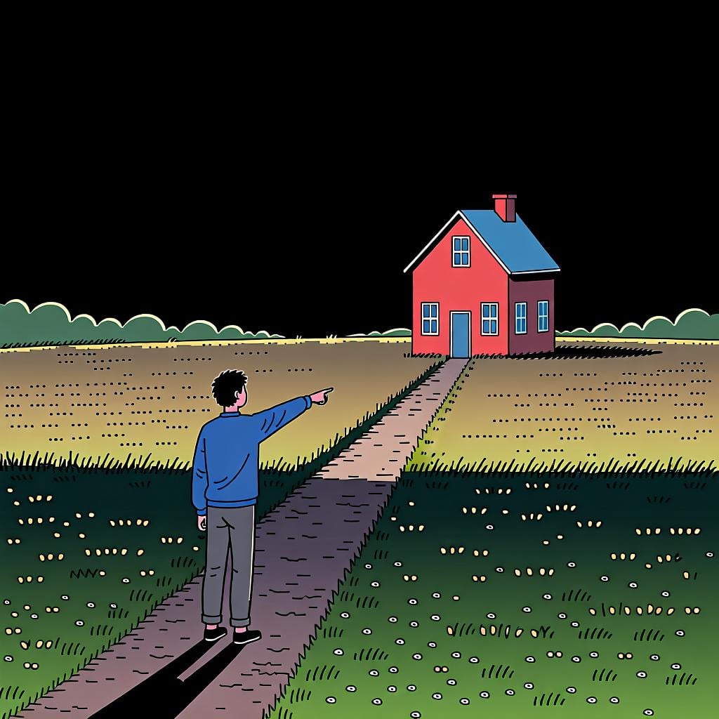A person pointing to a specific red house that is a medium distance away, neither right next to them nor on the far horizon.