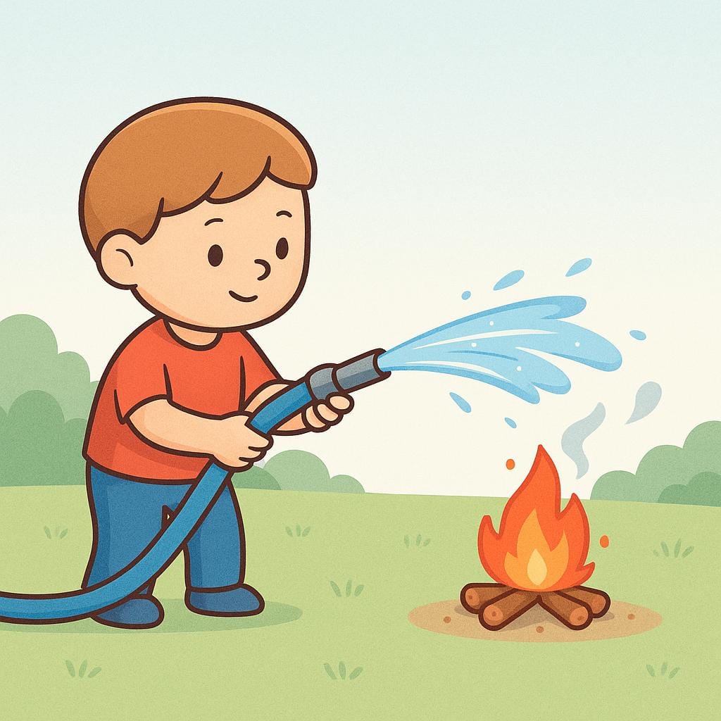 A simplified cartoon person extinguishing a small, friendly campfire with a water hose, illustrating the action of ending something.