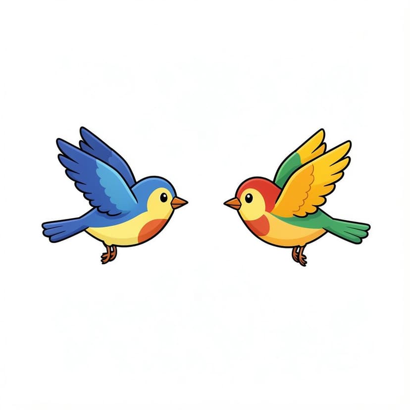 Zwei kleine bunte Vögel fliegen in entgegengesetzte Richtungen zu verschiedenen Bäumen weg.
