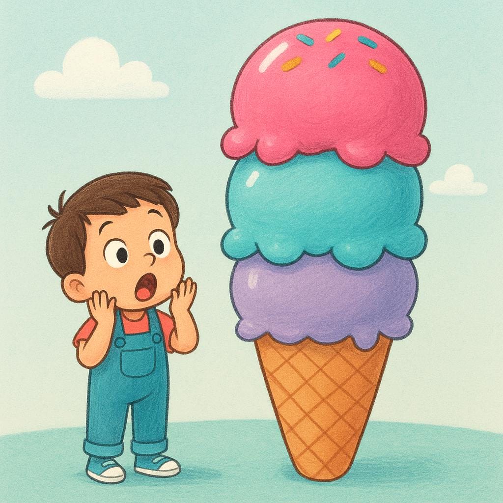 A small child standing next to an impossibly large, brightly colored triple-scoop ice cream cone, conveying extreme surprise.