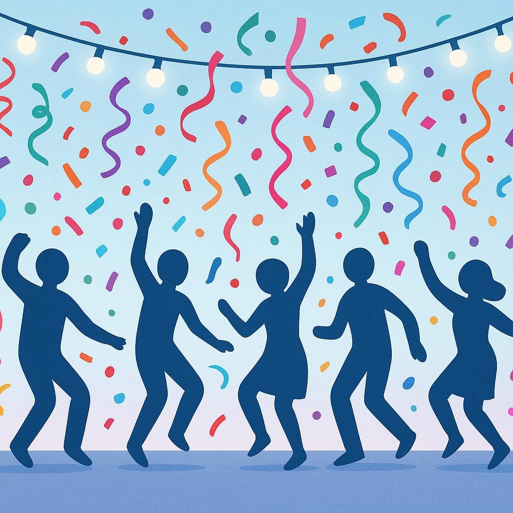 Colorful confetti falling over dancing people at a vibrant party under string lights.