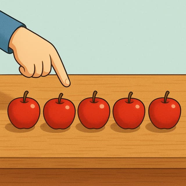 A child's hand is pointing sequentially at a row of five bright red apples on a simple wooden table, illustrating the action of counting.