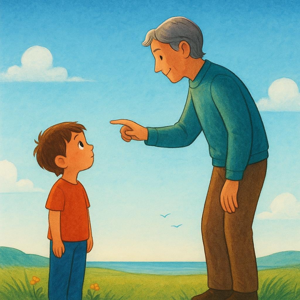A storybook illustration showing a small person looking up at a taller mentor figure who is guiding them by pointing toward a horizon.