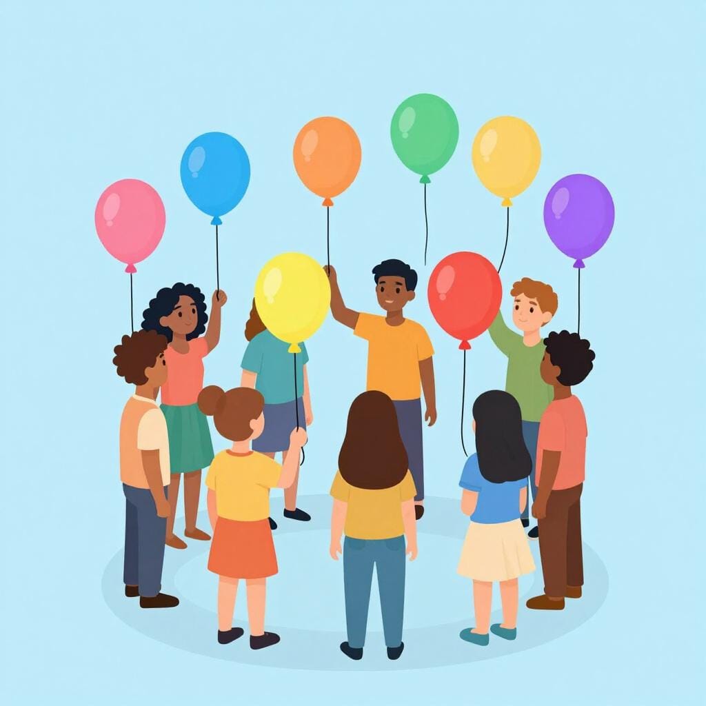 An illustration of several people standing together, each holding a different colored balloon representing their unique set of ideas and beliefs.