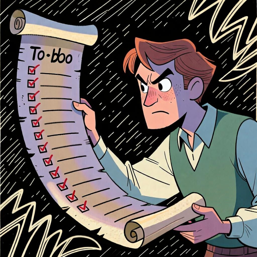 A person looking at a long to-do list with a determined expression, representing the idea of having an obligation or needing to do something.