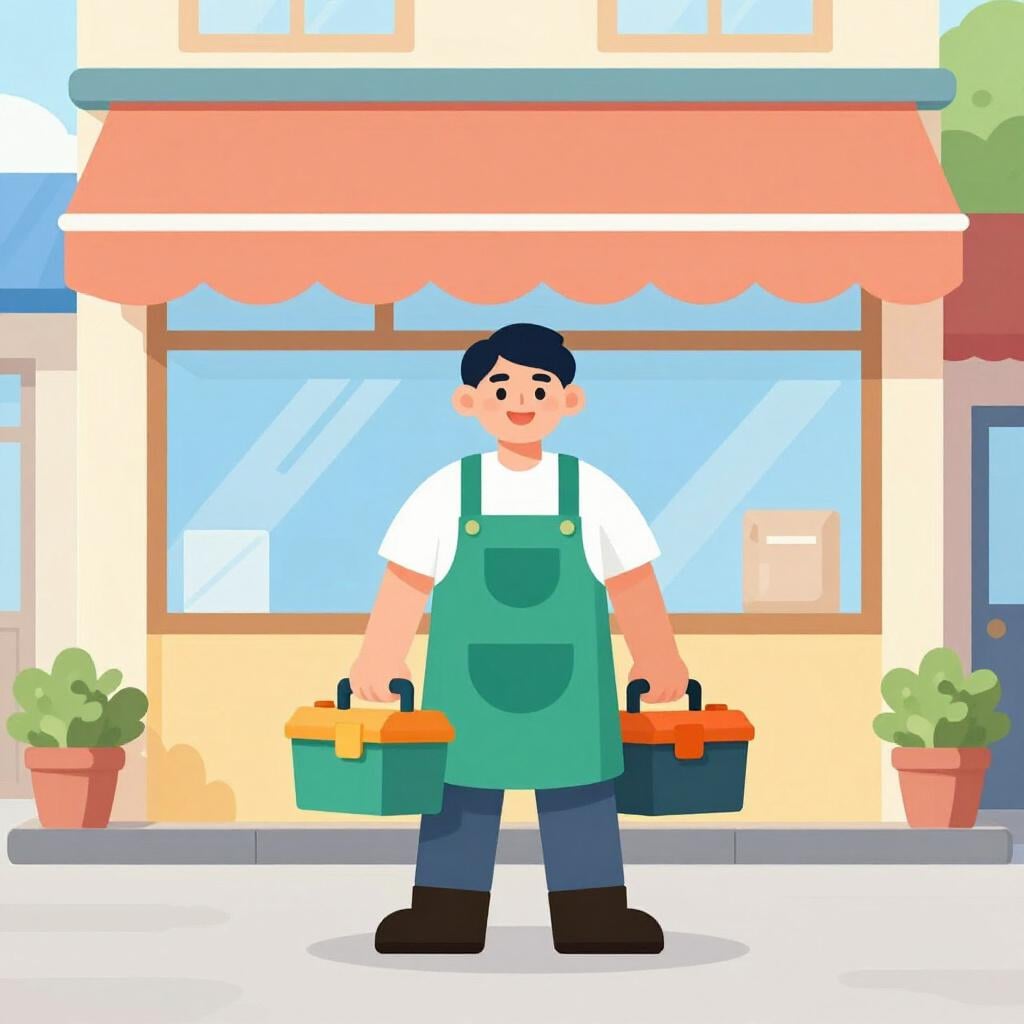 A person wearing an apron and holding a toolbox standing in front of a colorful storefront.