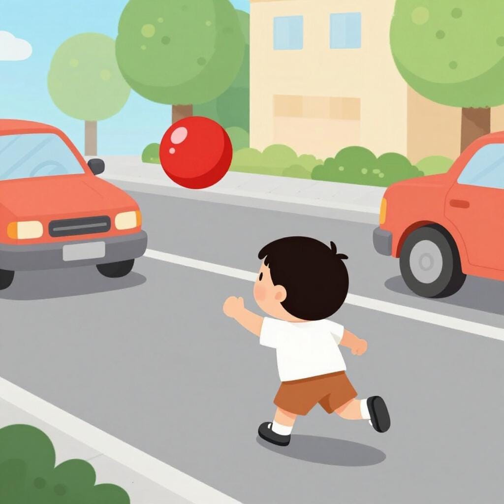 A child running across a busy road without looking, chasing a rolling ball.