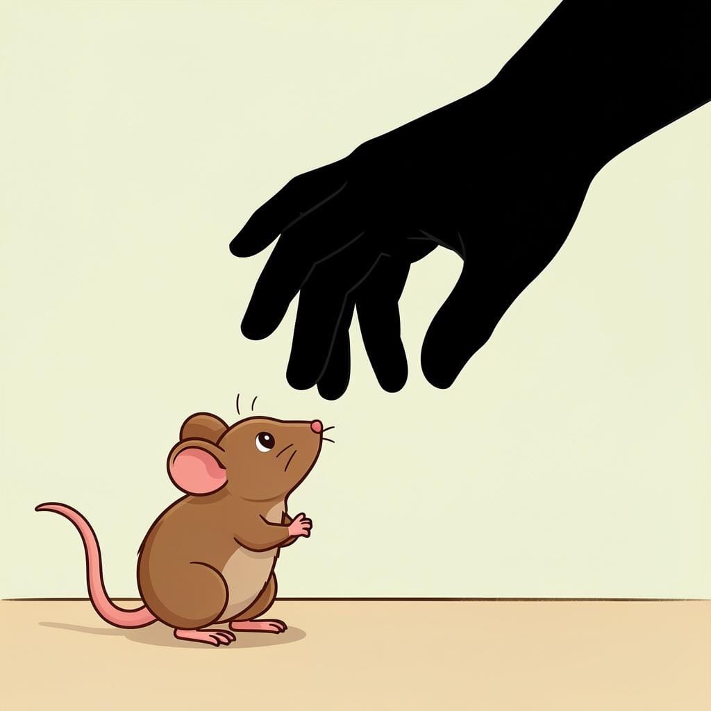 A large shadow of a hand looming over a small, worried mouse.