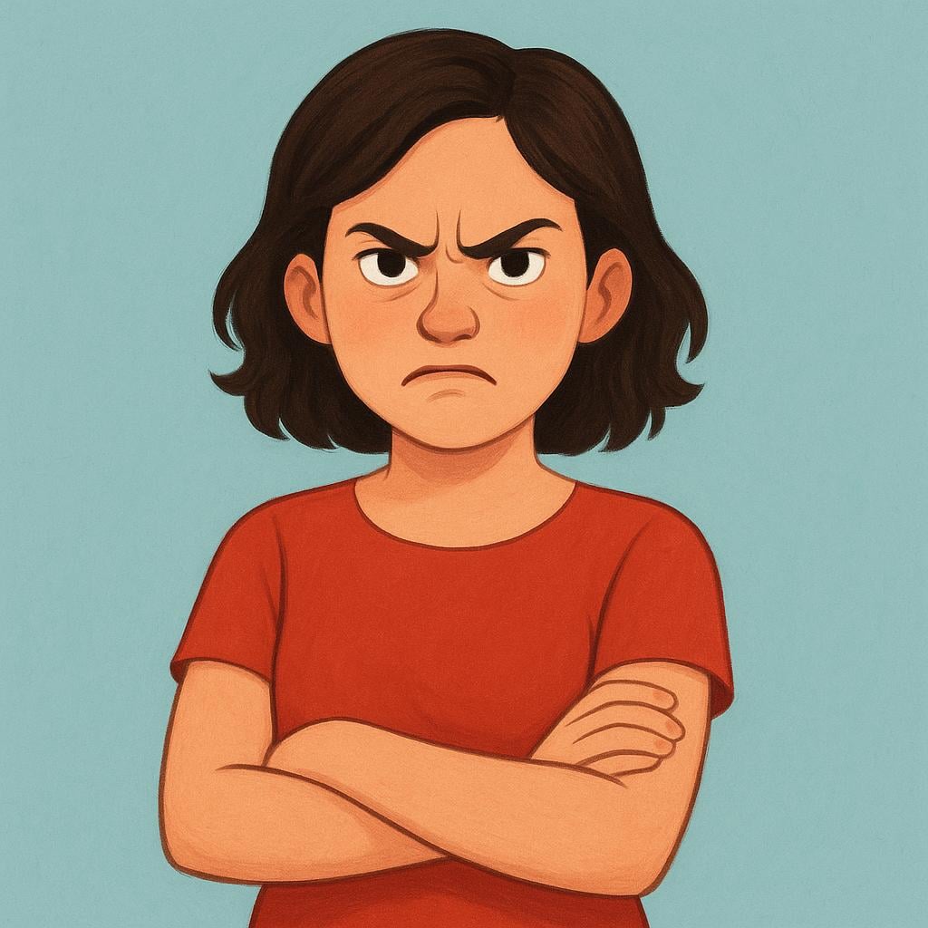 A portrait of a young woman with a very intense, visible angry expression. Her eyebrows are furrowed, her lips are pursed in a deep frown, and her arms are crossed tightly across her chest.