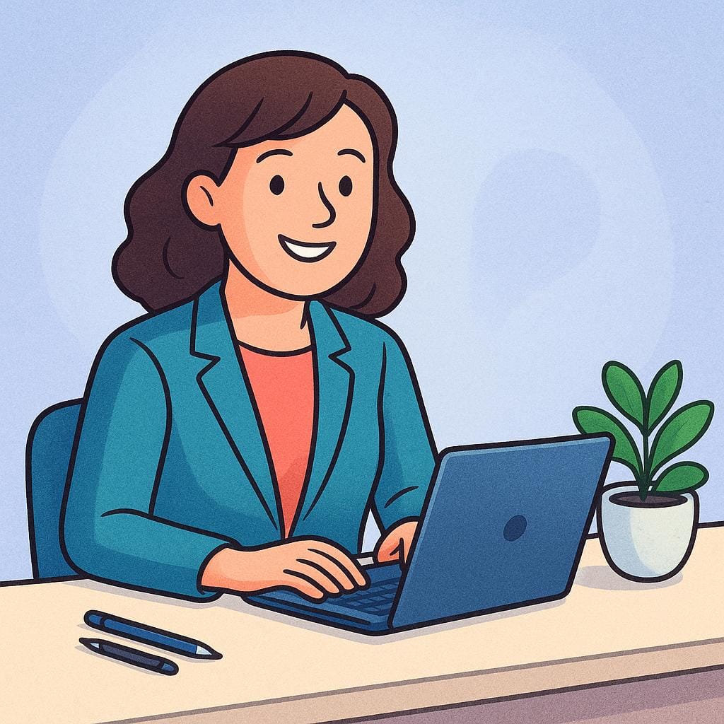 A colorful storybook illustration showing a cheerful person wearing professional attire sitting at a clean desk with a laptop and a potted plant, representing a job or position of work.