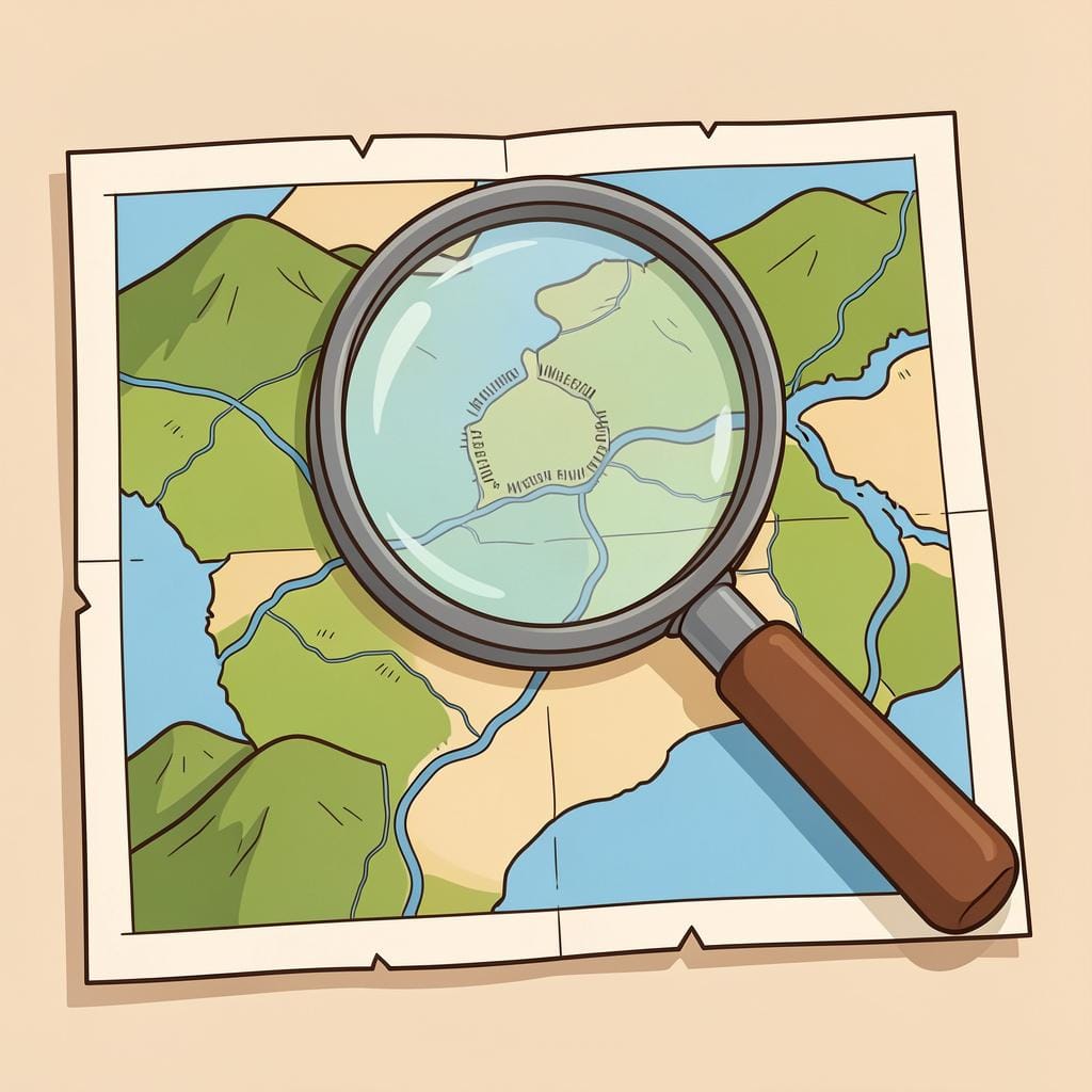 A single magnifying glass lying on a wooden table, focusing on a specific spot on a colorful map.