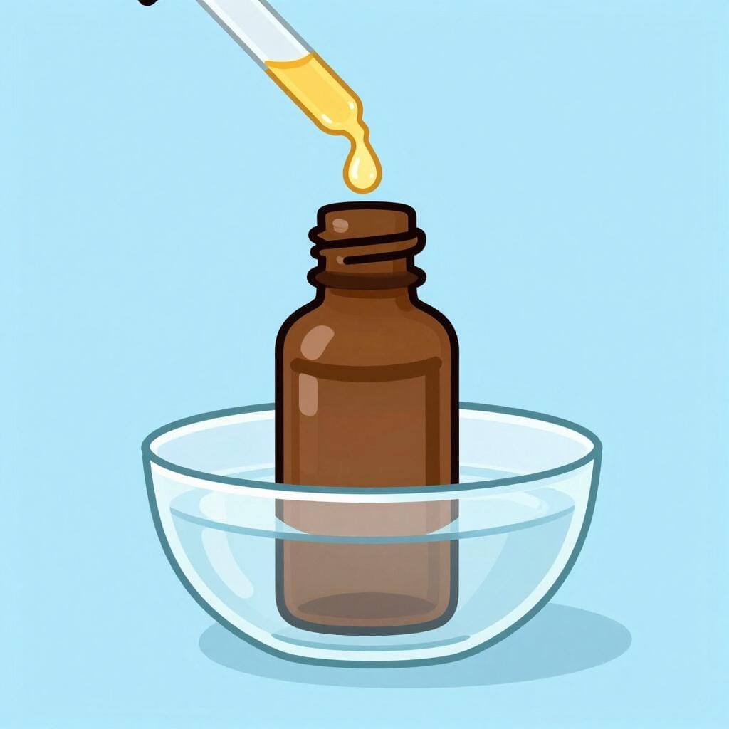 Un petit flacon compte-gouttes en verre avec une seule goutte de liquide brun tombant dans un bol d'eau.