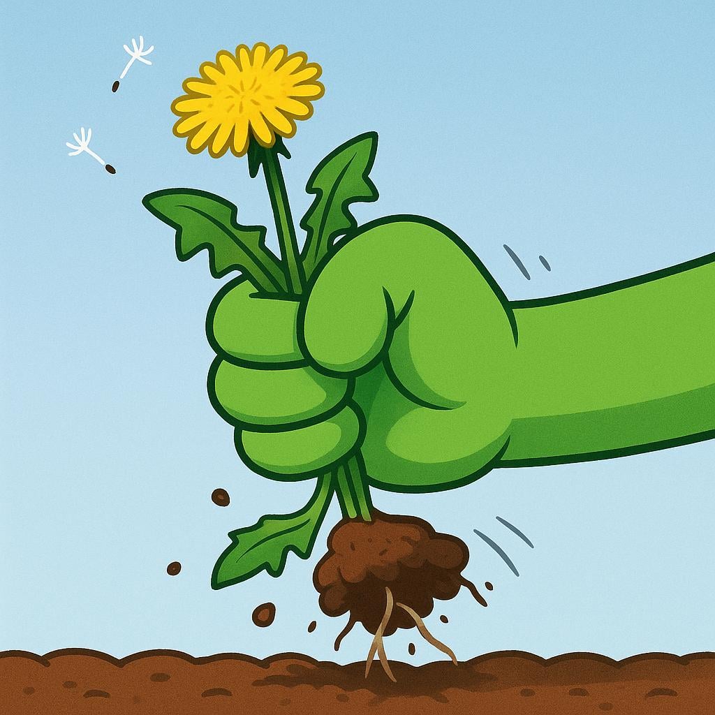 A green hand forcefully pulling a large, rooted dandelion weed straight up out of the brown soil.