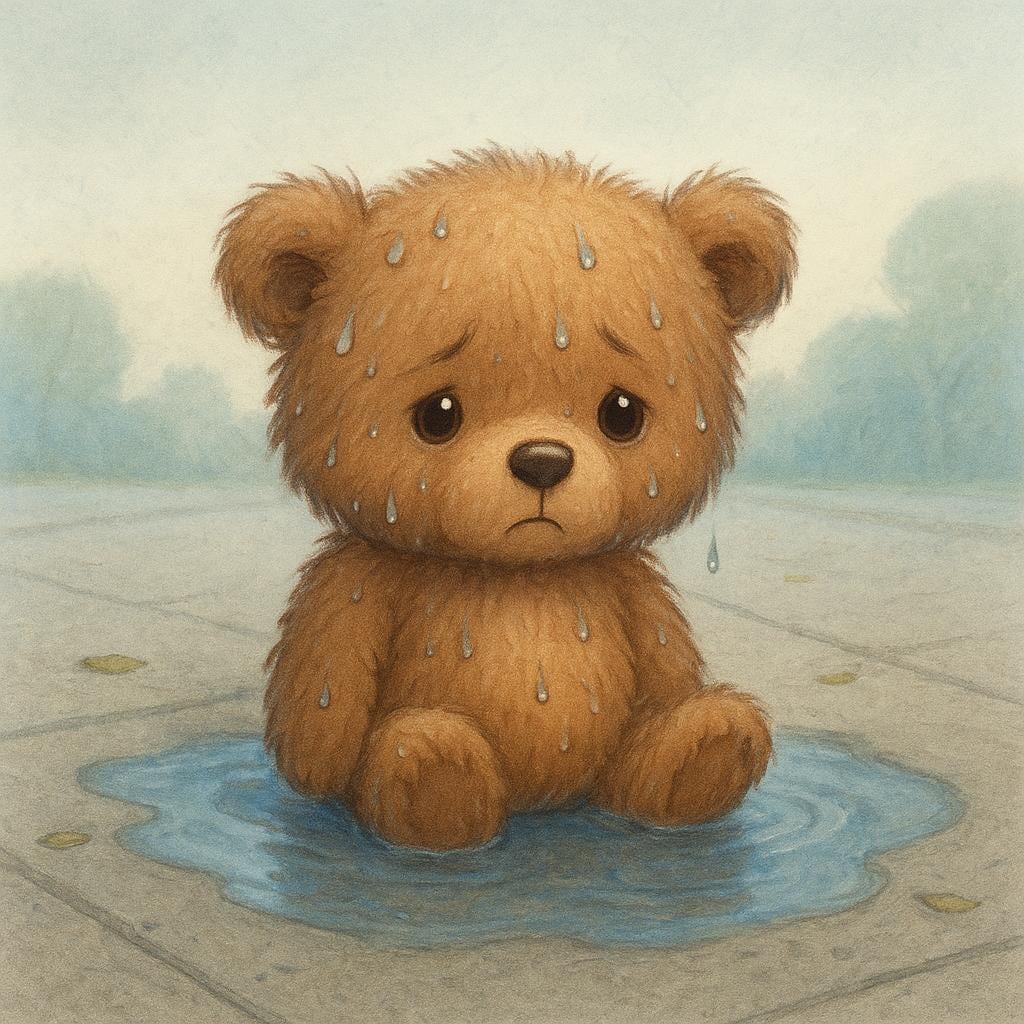 A sad teddy bear sitting alone in a puddle after a rainstorm.