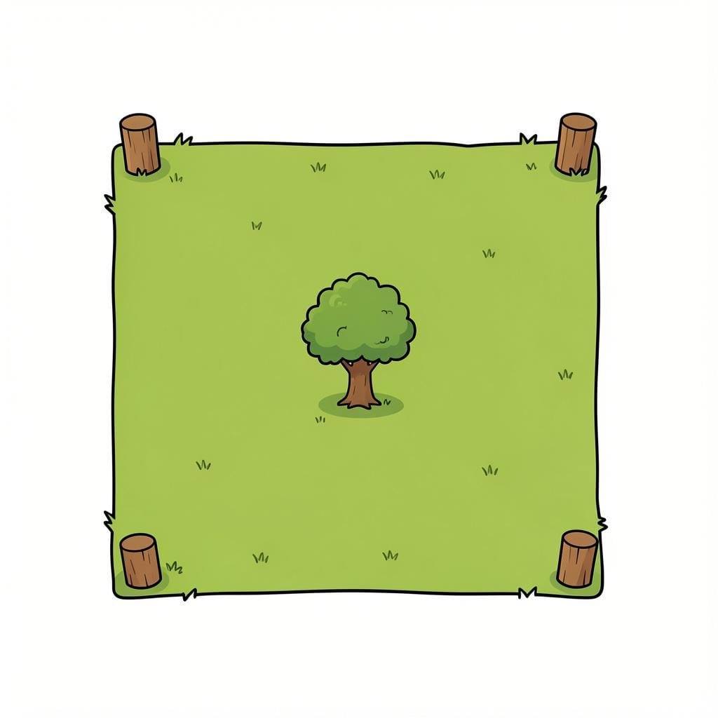 Un appezzamento quadrato di erba verde con piccoli picchetti di legno agli angoli, pronto per la costruzione.