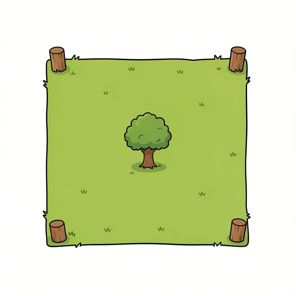 A square patch of green grass with small wooden stakes at the corners, ready for construction.