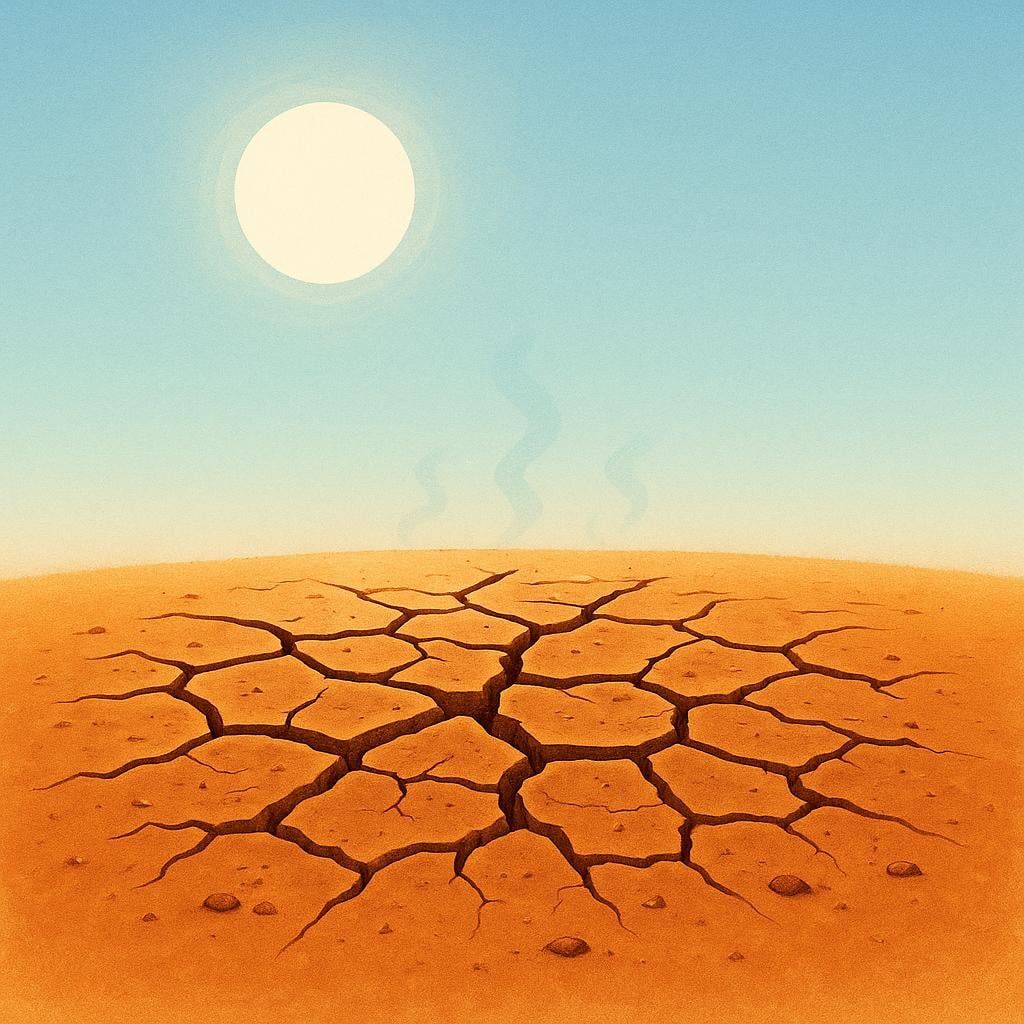 A close-up view of severely cracked, dry brown earth under a bright sun, symbolizing a lack of moisture.