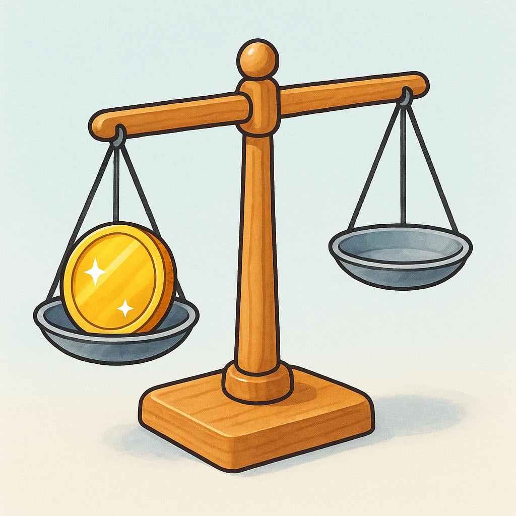 A simple wooden balance scale. One side holds a single, large, shining gold coin, causing the pan to drop significantly, illustrating its high worth.