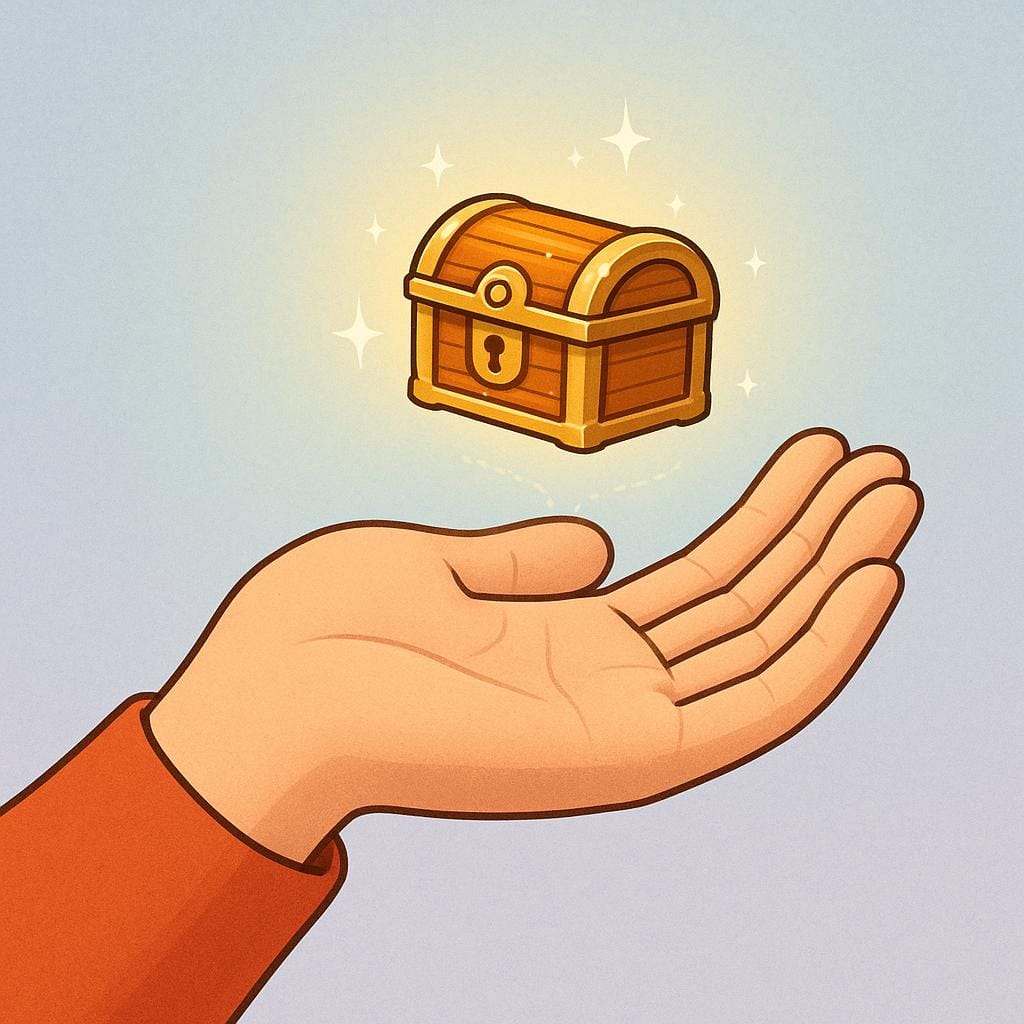 手のひらを上に向けて開いたシンプルなイラスト。手のひらのすぐ上に小さな光る宝箱が浮かんでおり、まだ持っていないが望んでいるもの(仮定の状況)を象徴しています。
