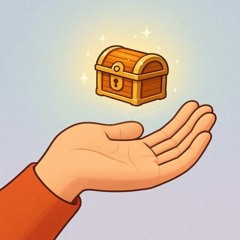 A simple illustration showing a hand held open, palm up. A small, glowing treasure chest hovers just above the palm, symbolizing something that is desired but not yet possessed (a hypothetical situation).